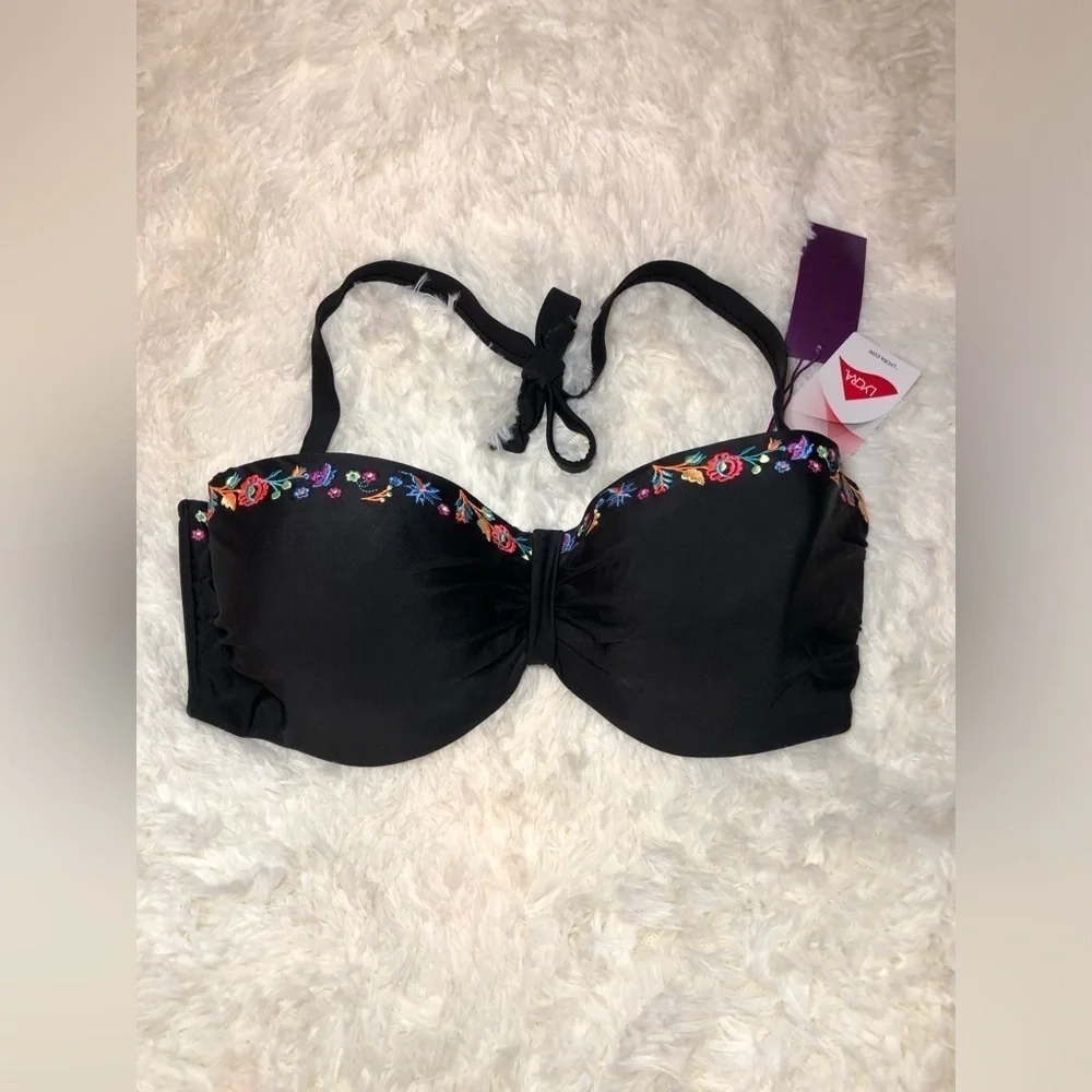 Black Floral Trim Balconette Bikini Top with Underwire